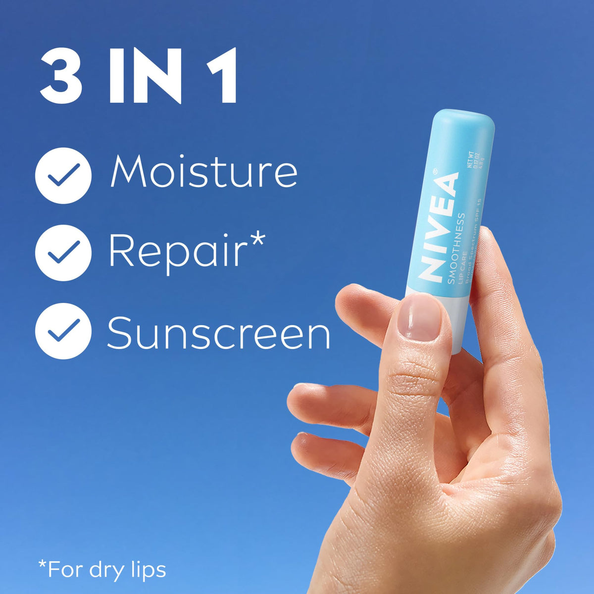 Close-up of NIVEA lip balm label highlighting SPF 15 and ingredients