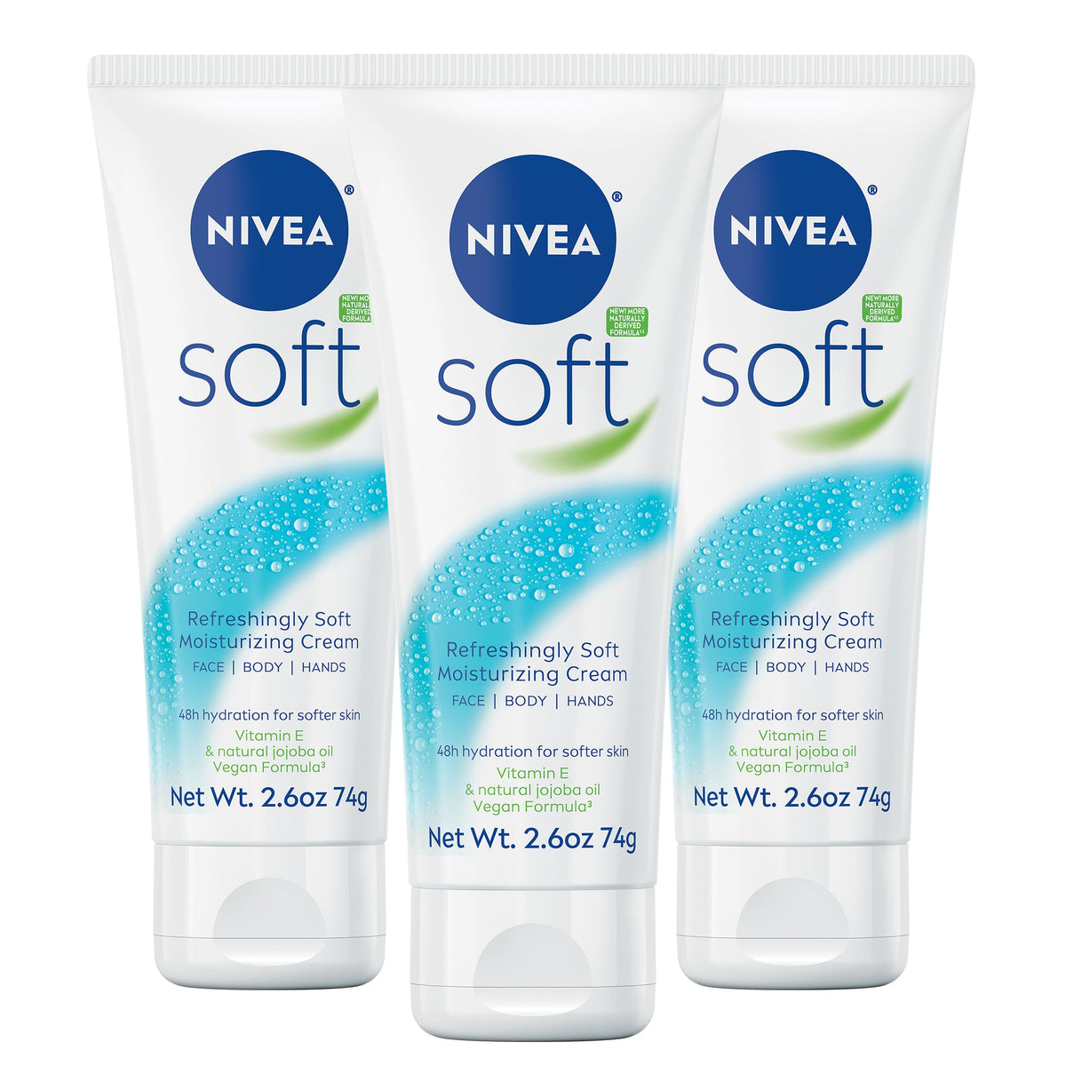 NIVEA Soft front tube showing branding and compact travel-ready size benefit