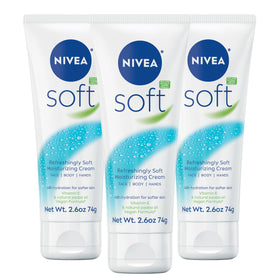 NIVEA Soft front tube showing branding and compact travel-ready size benefit