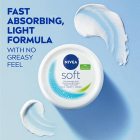 NIVEA Soft jar next to a hand for scale showing portable 6.8 oz size benefit