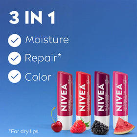 NIVEA strawberry tinted lip balm stick close-up highlighting soft pink tint