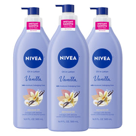 NIVEA bottle front view showing pump and vanilla almond scent benefits