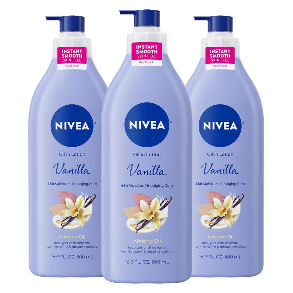 NIVEA bottle front view showing pump and vanilla almond scent benefits