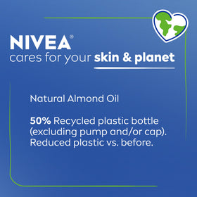 NIVEA bottle next to hand for scale showing generous 16.9 fl oz supply