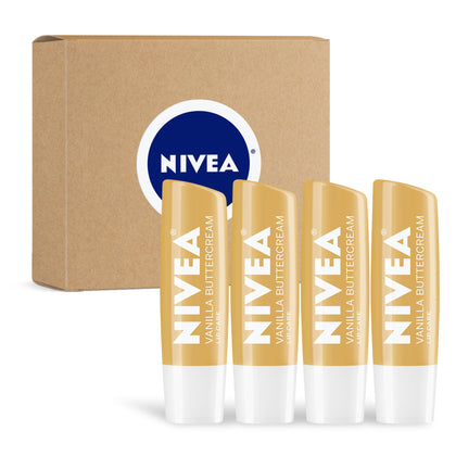 NIVEA front packaging showing vanilla buttercream lip balm and portable convenience