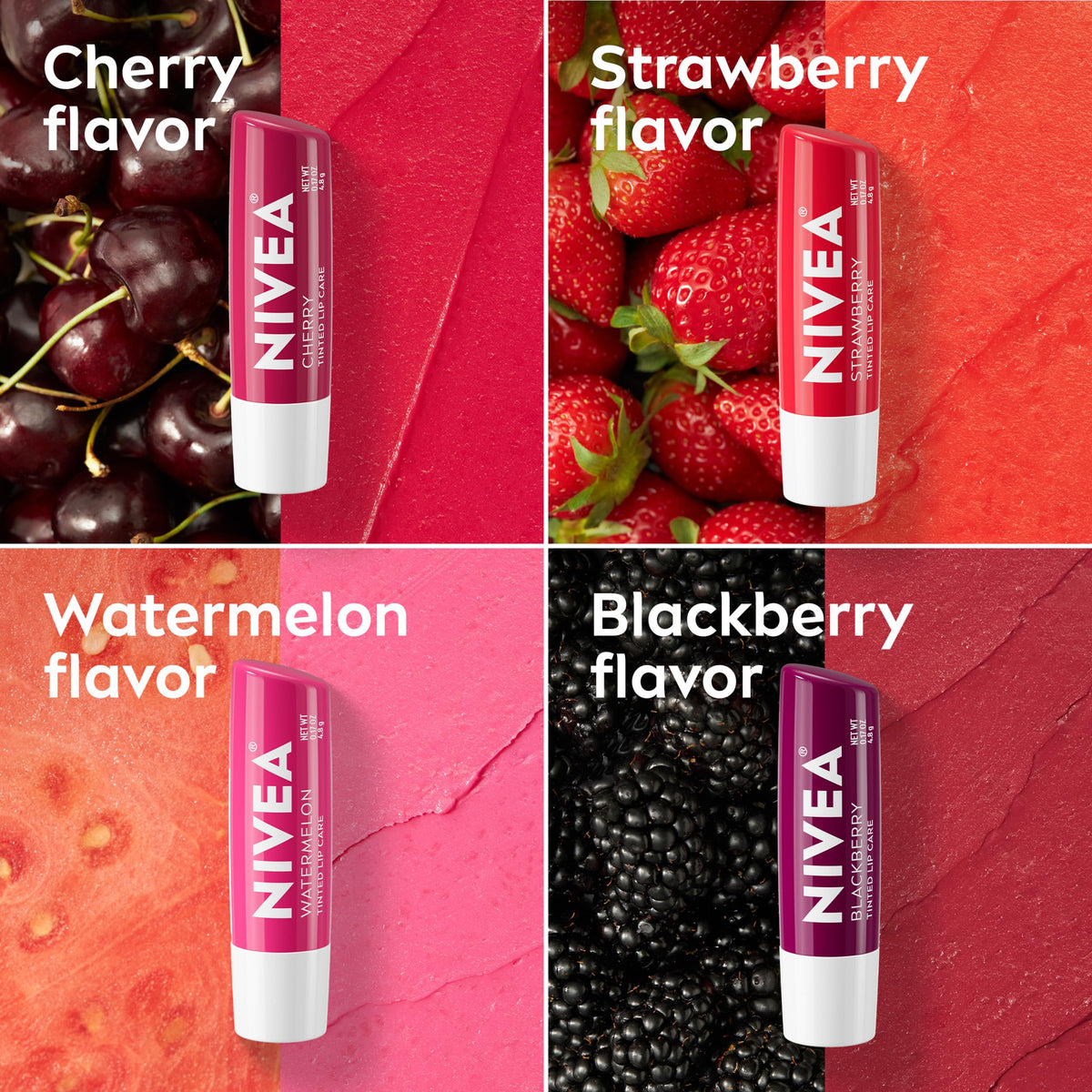 NIVEA watermelon tinted lip balm stick close-up with light coral-pink shine