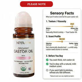 NIYAVERA amber glass bottle label indicating organic cold-pressed quality