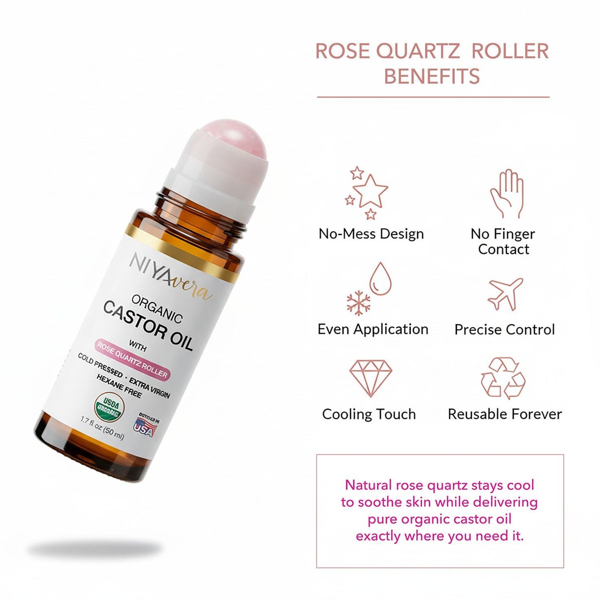 NIYAVERA rose quartz roller close-up highlighting smooth glide benefit