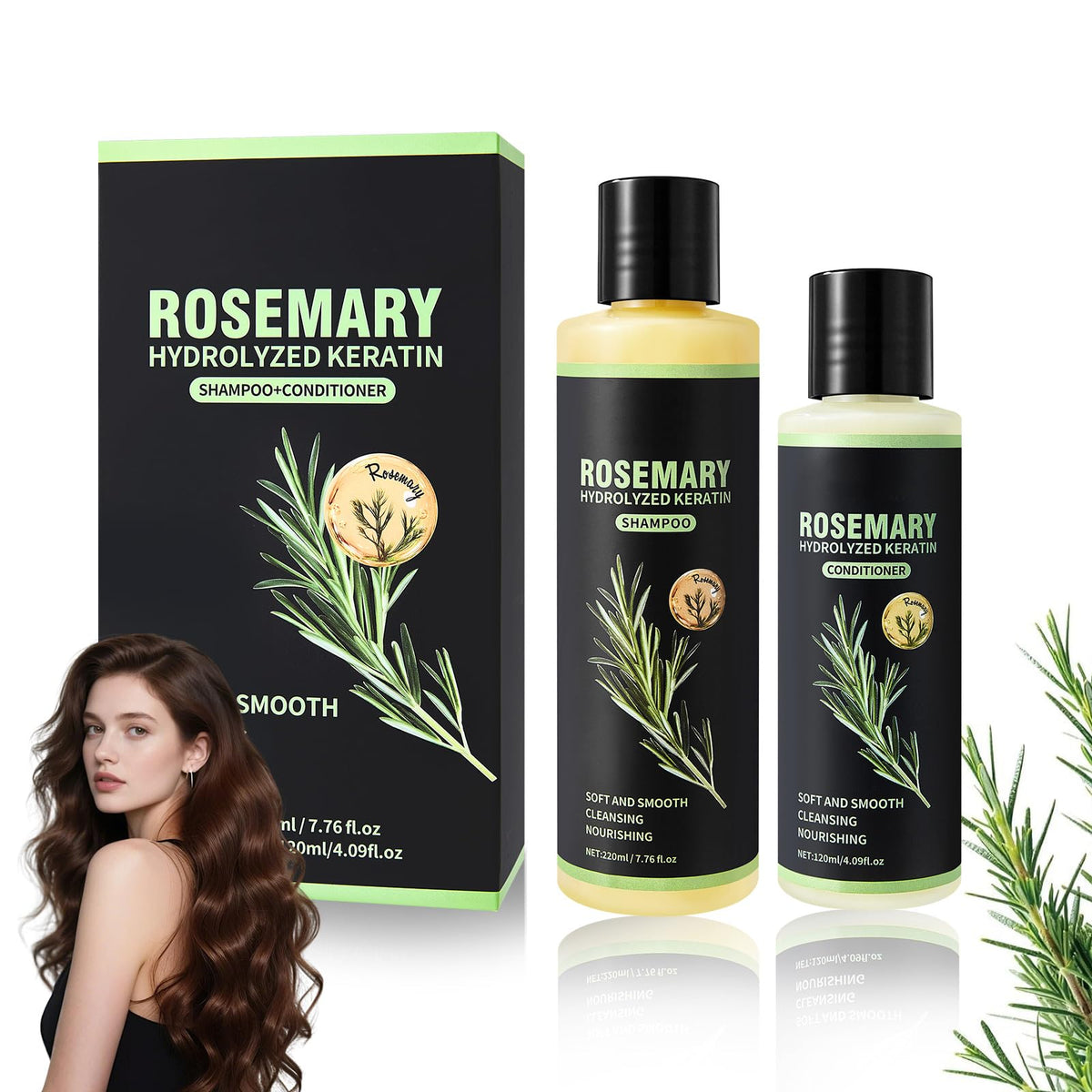 NIZENTA front packaging showing rosemary shampoo and conditioner, professional presentation