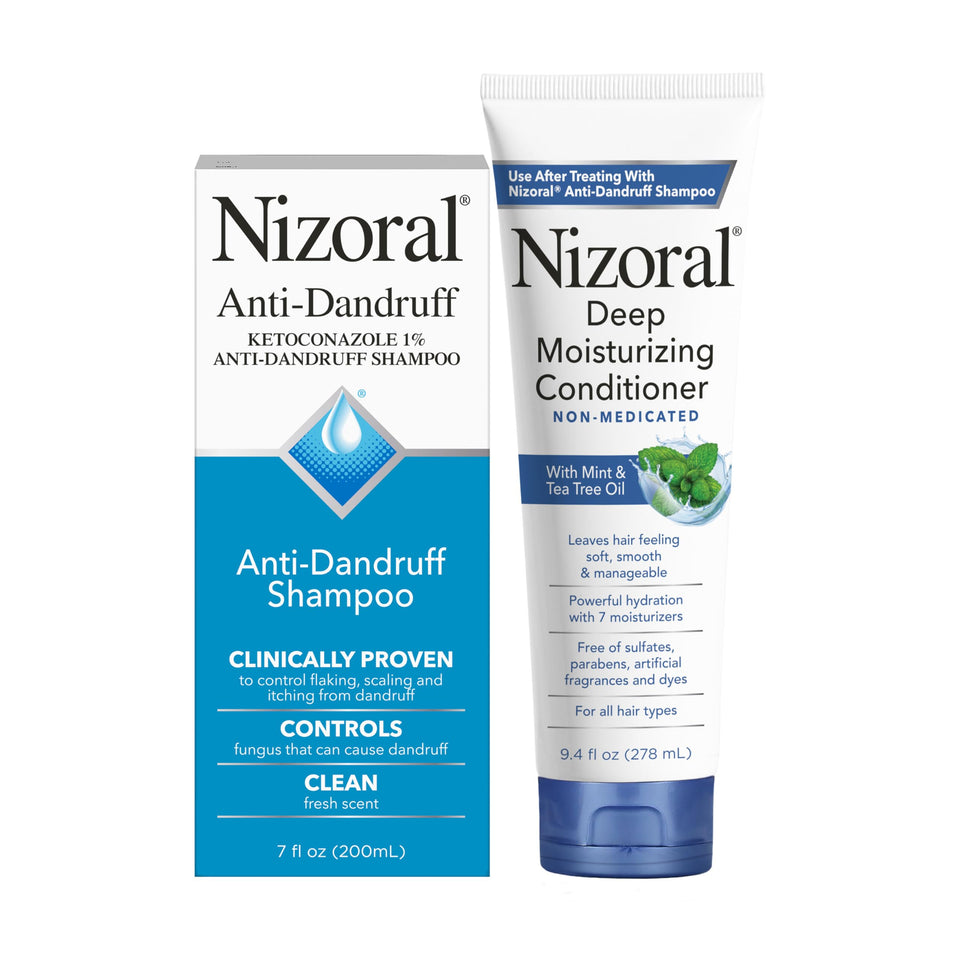 Nizoral bundle front view showing both bottles for effective flake control