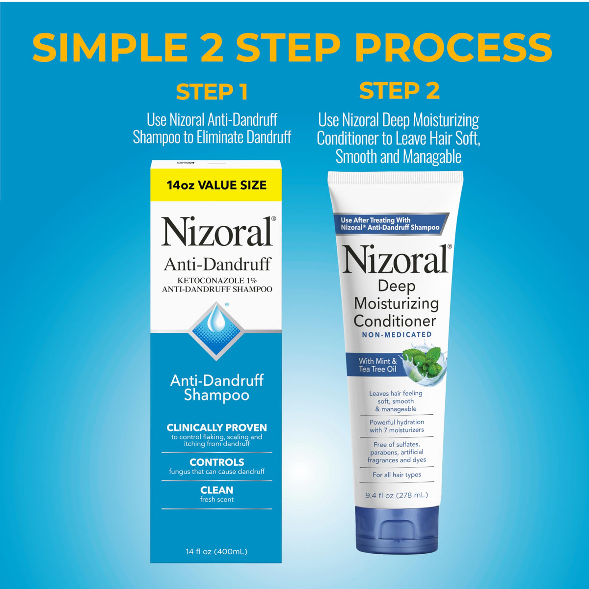 Nizoral deep moisturizing conditioner bottle, highlights hydration and smoothness benefit