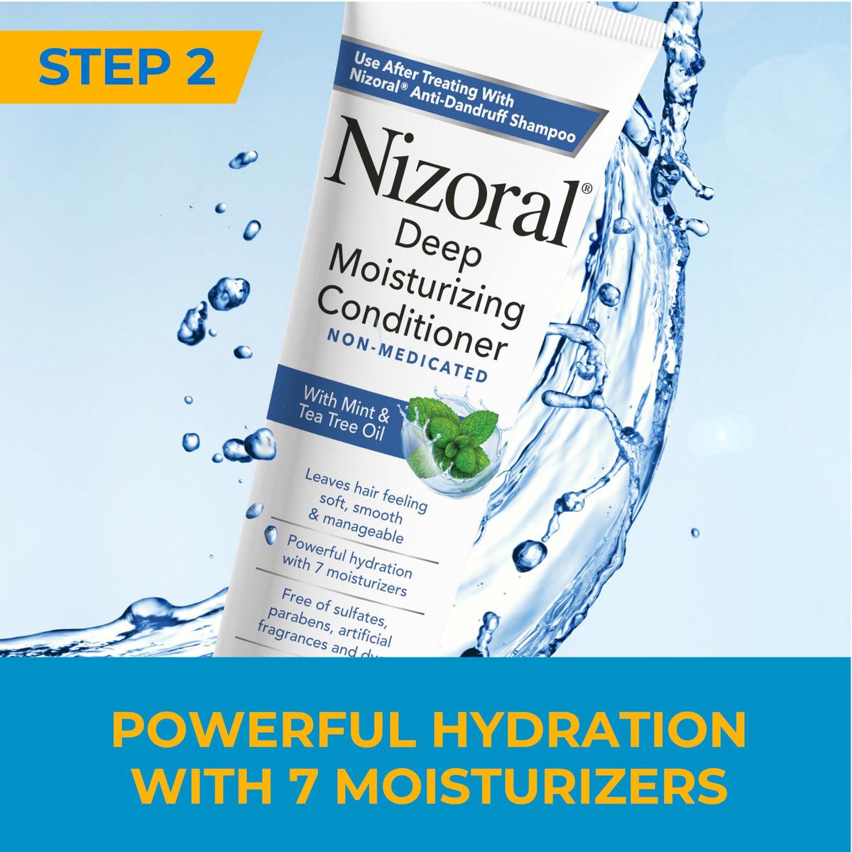Creamy texture of Nizoral conditioner, emphasizes moisture and detangling benefit