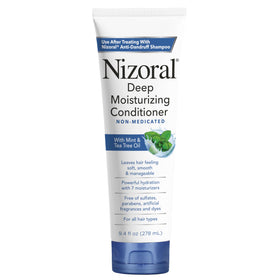 Nizoral front packaging showing 9.4 oz bottle and clear branding benefits