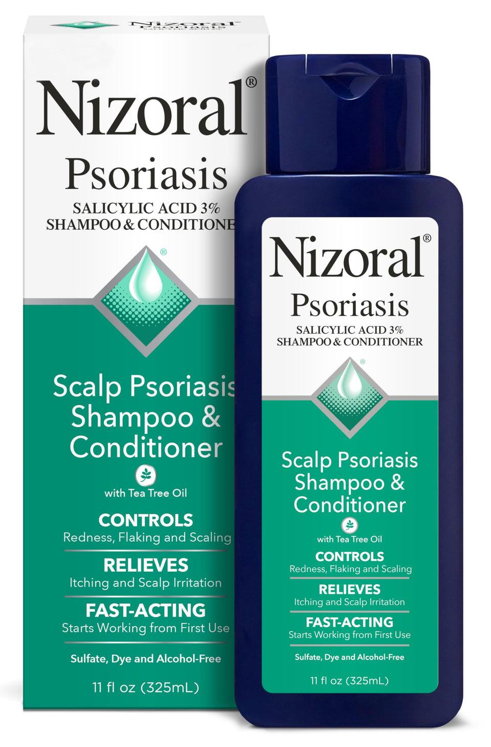 Nizoral front packaging showing 11 oz bottle and clear product benefits