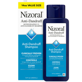 Nizoral front packaging 14 fl oz bottle showing fresh scent and benefits