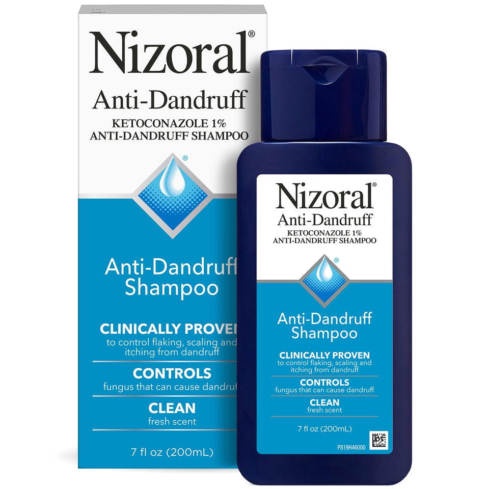 Nizoral front packaging showing 7 fl oz bottle and fresh scent benefit