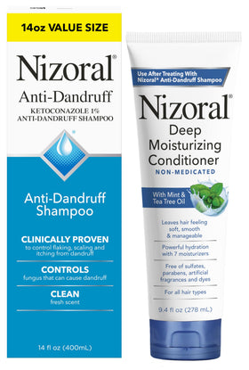 Nizoral shampoo front view showing label and size, clear dandruff control benefit
