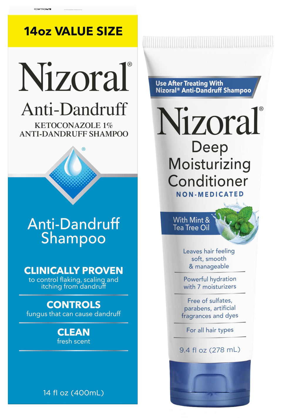 Nizoral shampoo front view showing label and size, clear dandruff control benefit