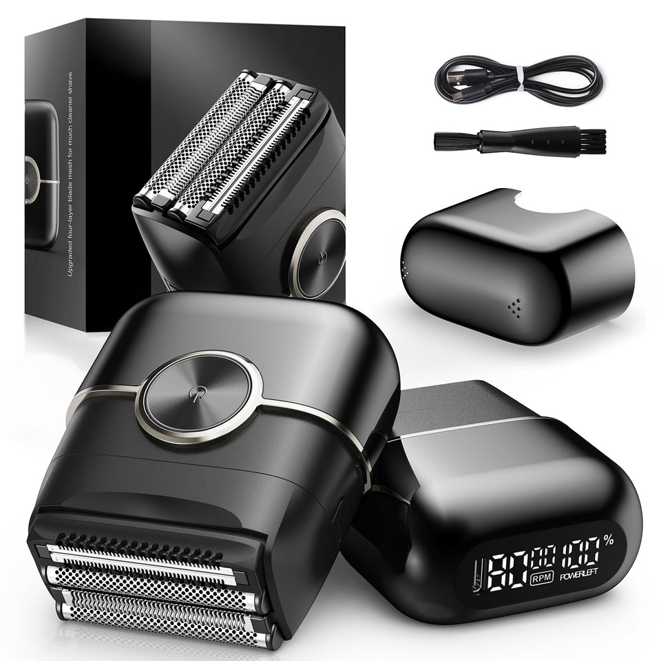 NKTMXY foil shaver front view showing compact design and ergonomic grip benefit