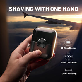 NKTMXY shaver on bathroom counter with toiletry bag highlighting everyday convenience