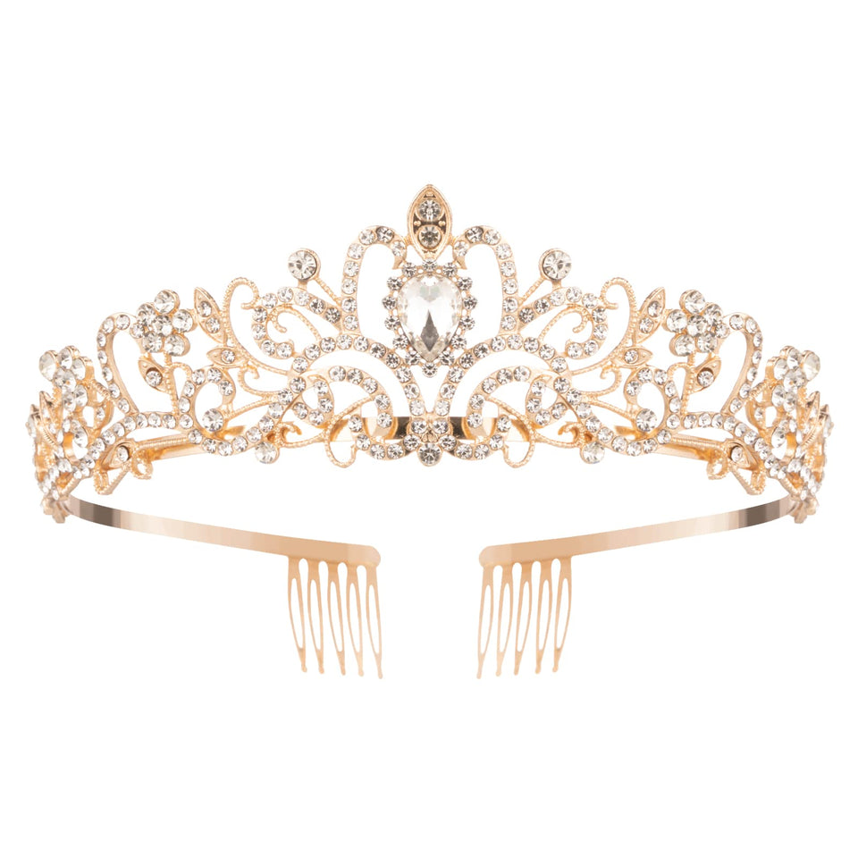 Nljihkure front view gold crystal tiara showing full crown elegance and sparkle
