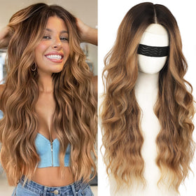Nnzes front view of 26-inch wavy wig showing long layered waves and color