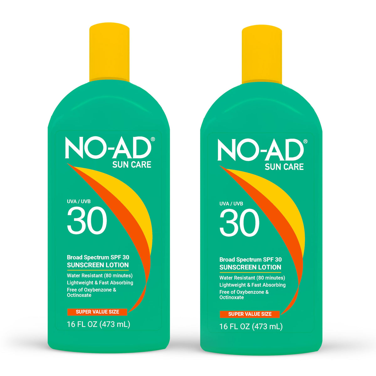 NO-AD front label on 16oz bottle showing SPF 30 and broad spectrum protection for easy identification