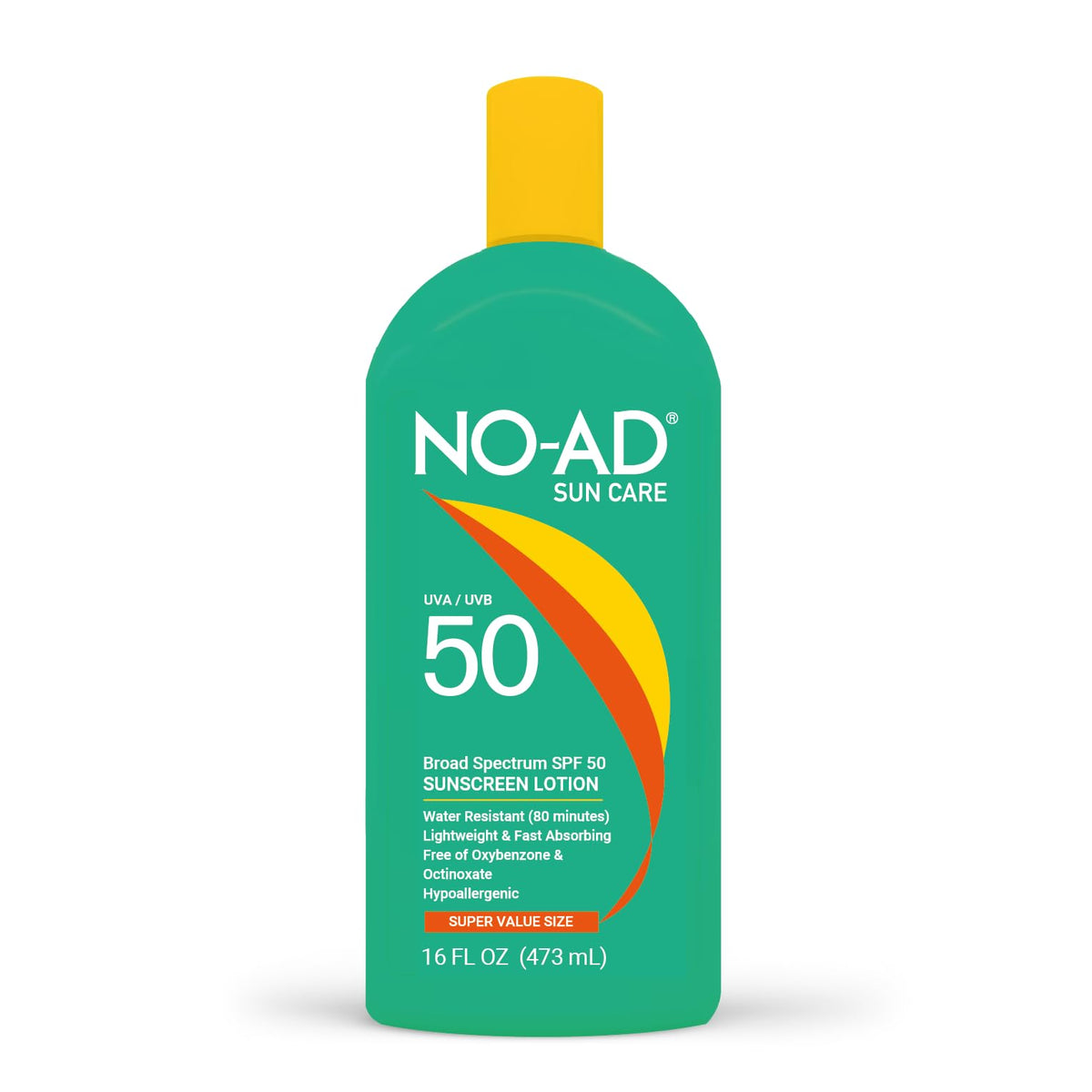 NO-AD front bottle displaying SPF 50 and moisturizing benefits