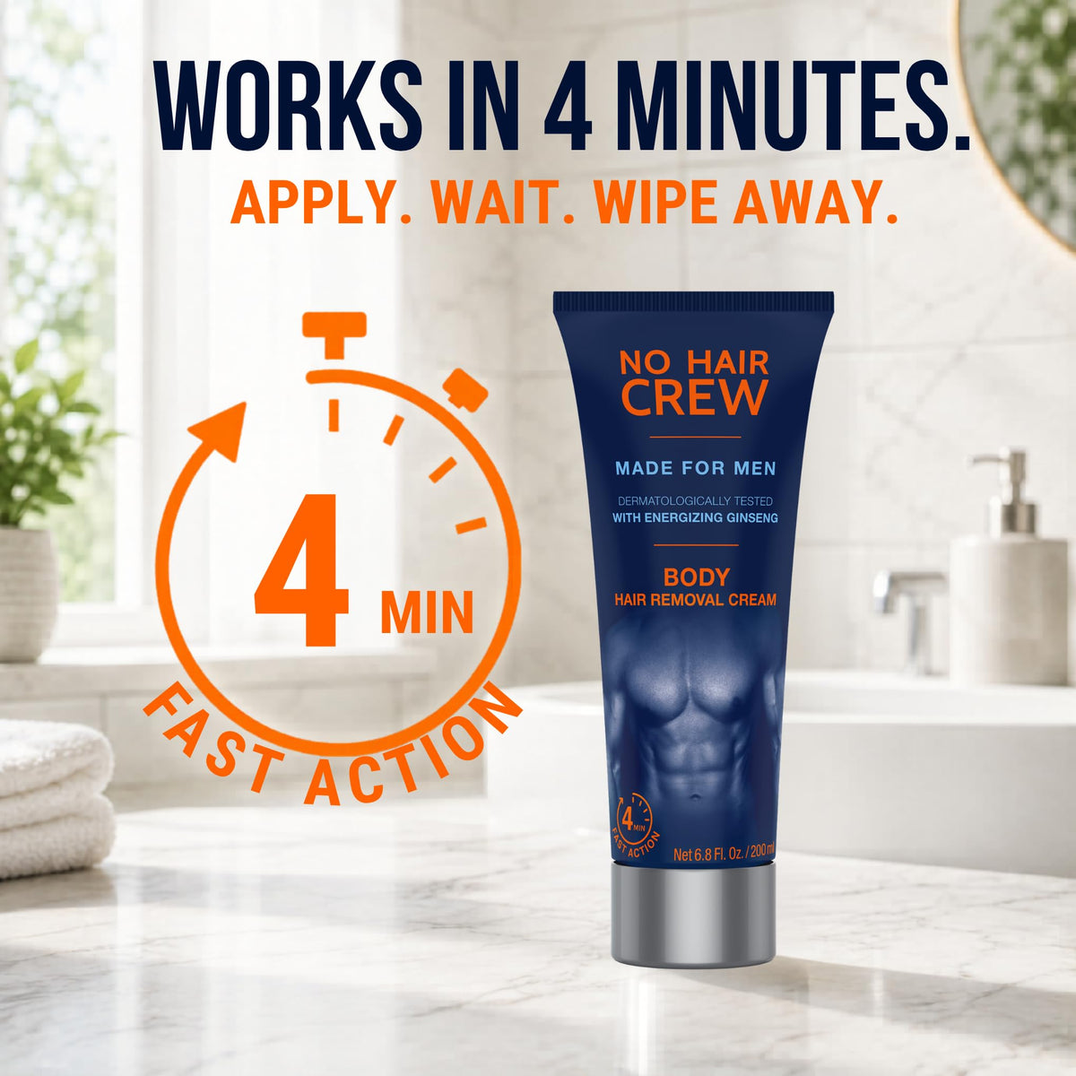 NO HAIR CREW product next to hand indicating 200ml size and travel convenience