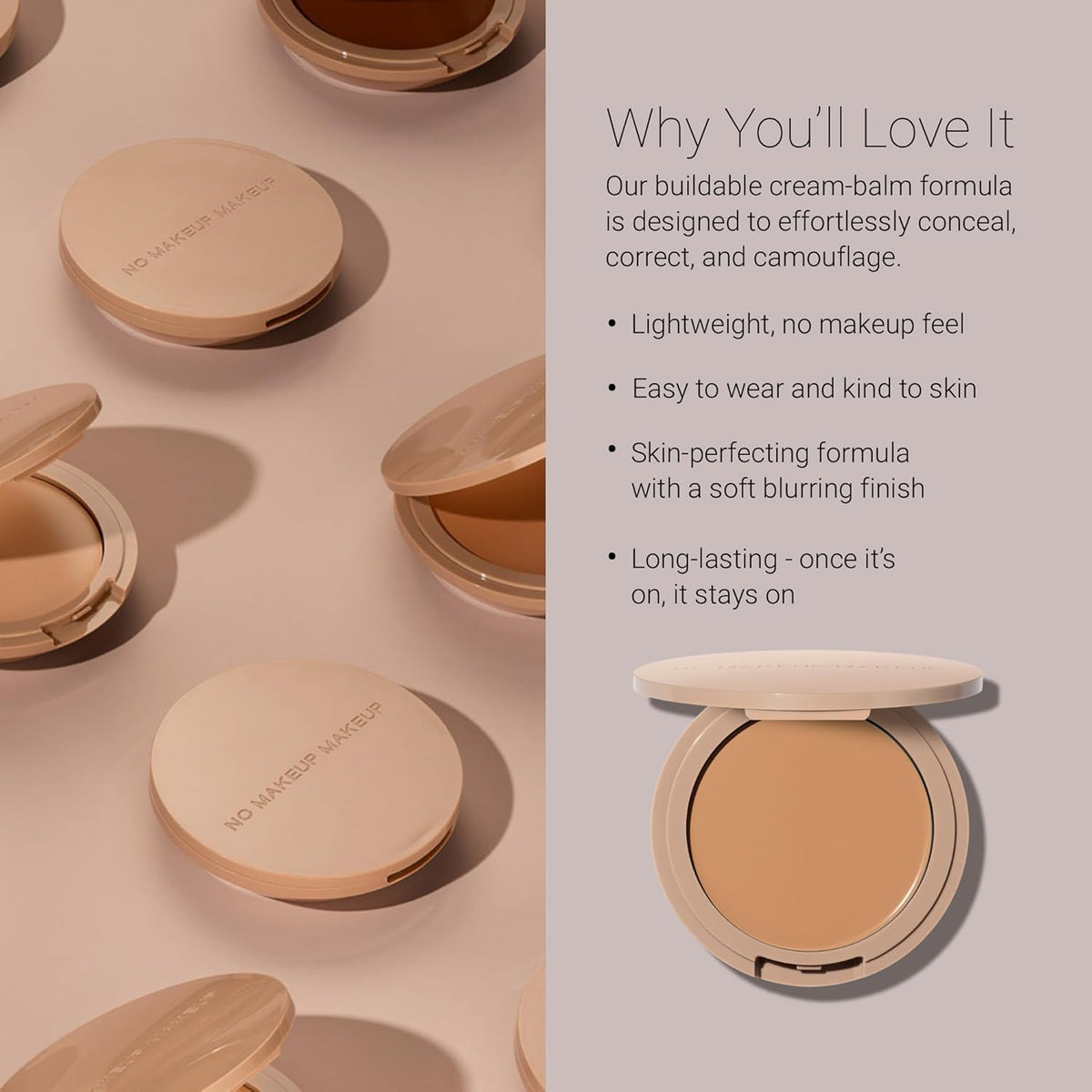 No Makeup Makeup applied on back of hand to show blend and shade Light Medium, brand provides natural match