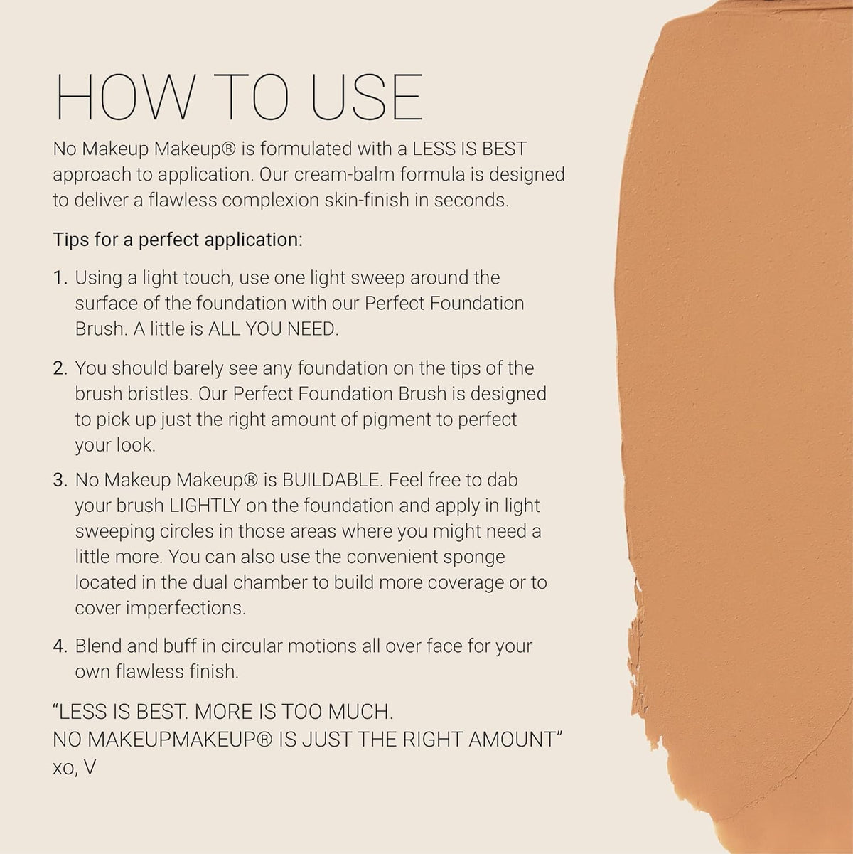 No Makeup Makeup brush in use buffing foundation on cheek, brand creates even, skin-like coverage