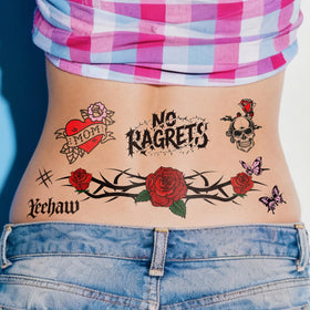 NO RAGRETS front packaging showing four large temporary tattoo sheets and bold branding benefit clarity