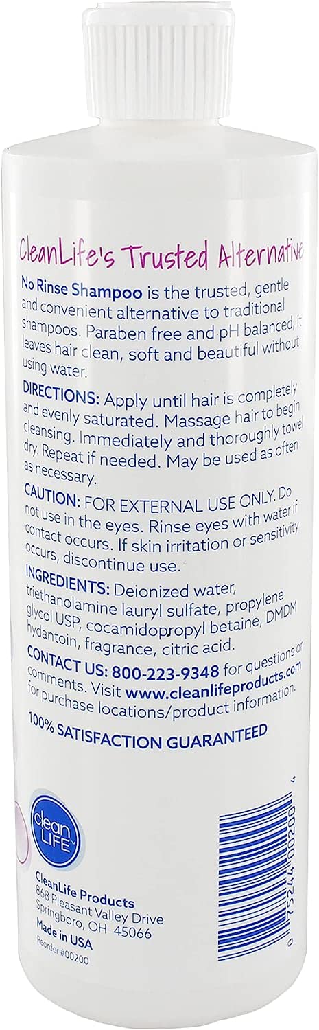 Close-up of No-Rinse CleanLife shampoo label highlighting ingredients and hospital trust benefit