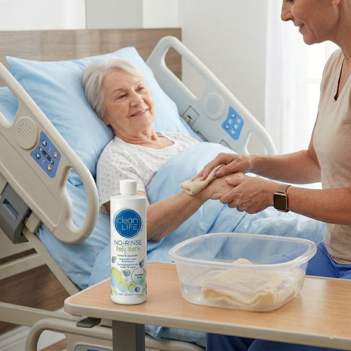 Caregiver using No-Rinse for a sponge bath showing gentle, residue-free clean