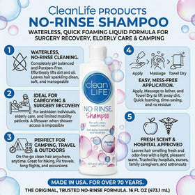 close-up foam texture from No-Rinse shampoo showing gentle lather and clean feel
