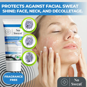 No Sweat applied to face and neck demonstrating targeted sweat control benefit