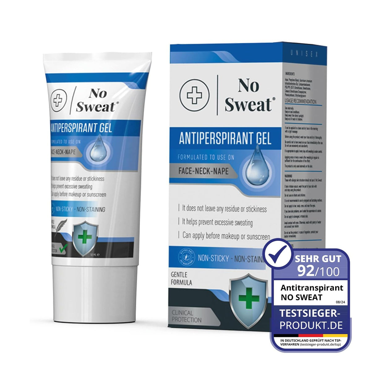 No Sweat front packaging 50ml showing compact design and branding benefits