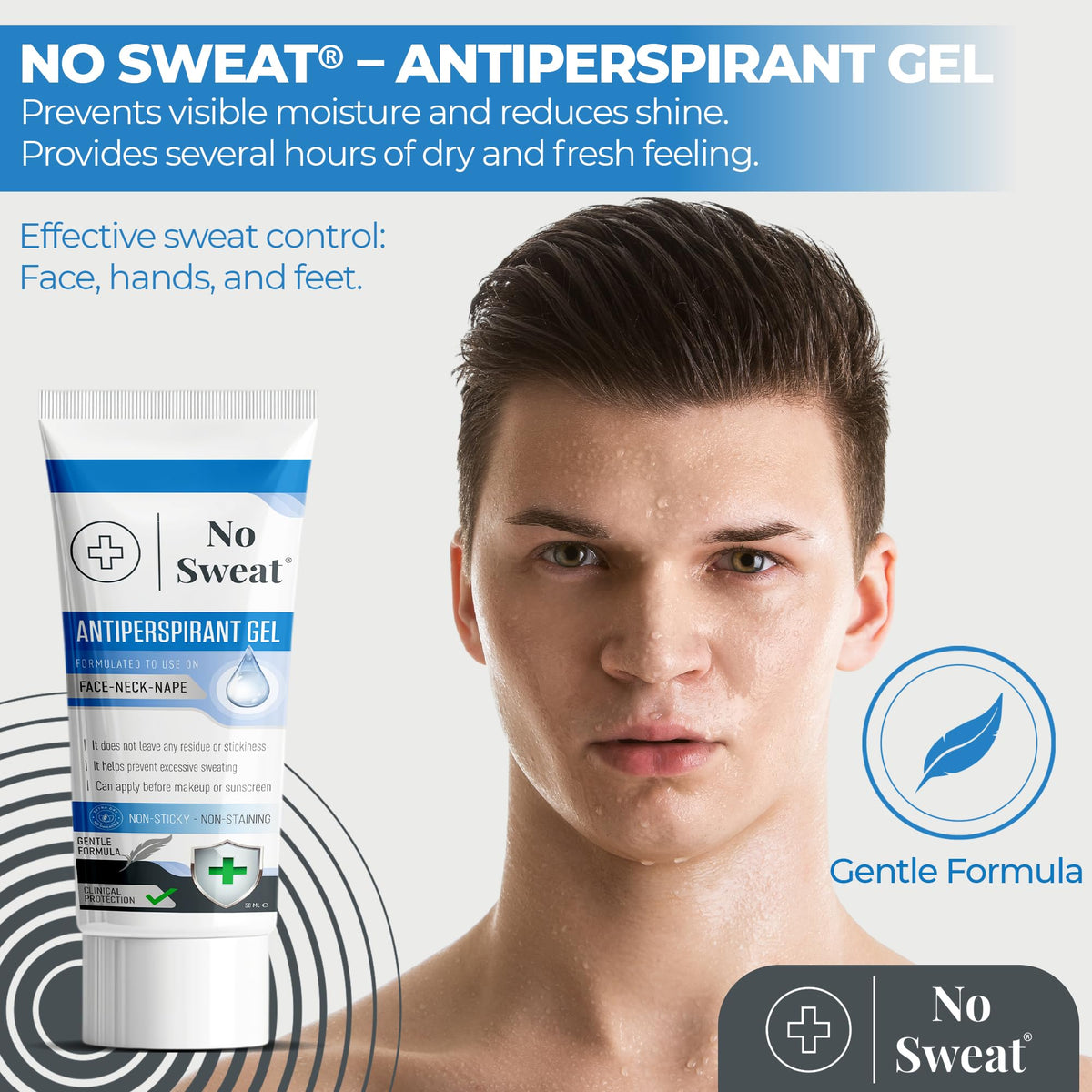 No Sweat gel texture closeup highlights quick absorption and non-greasy feel