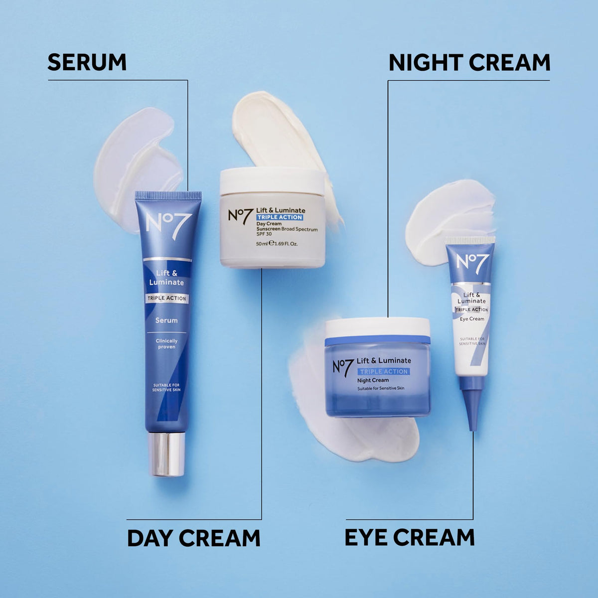 No7 bottle next to cream showing scale and compatibility with other skincare