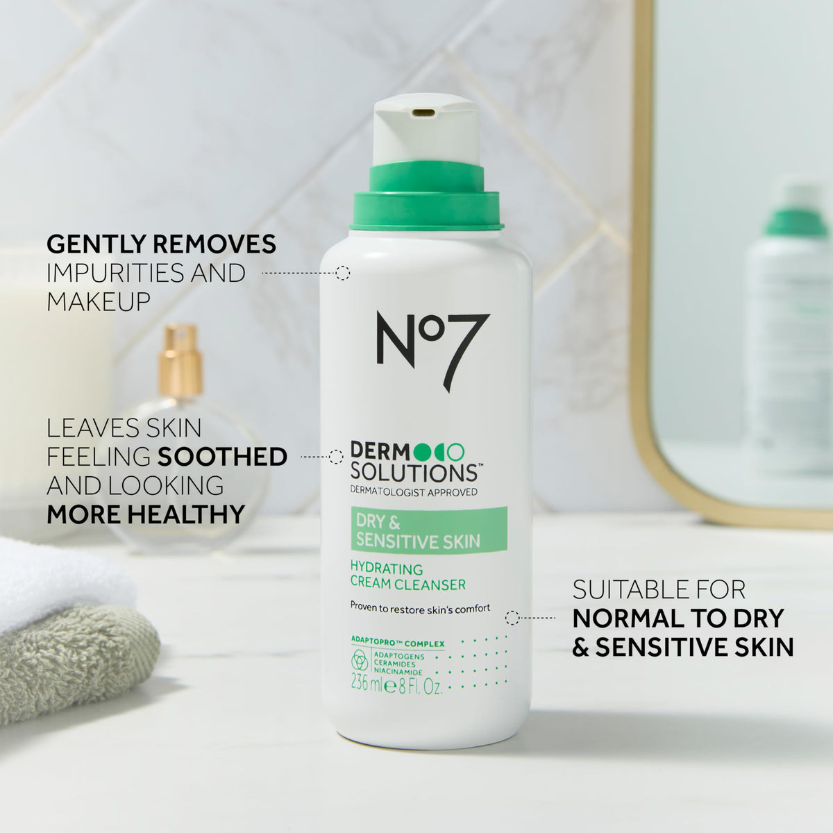 No7 cleanser staged in bathroom highlighting daily routine compatibility
