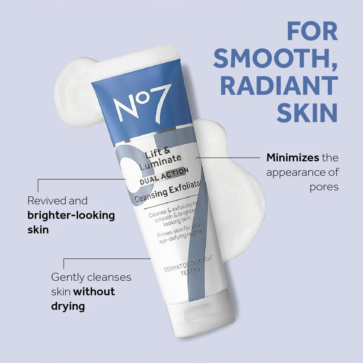 No7 cleanser texture swirled on hand, illustrates gentle exfoliation