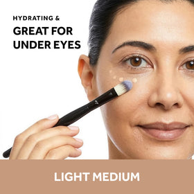 No7 concealer droplet of Light Medium shade on fingertip, precise application benefit