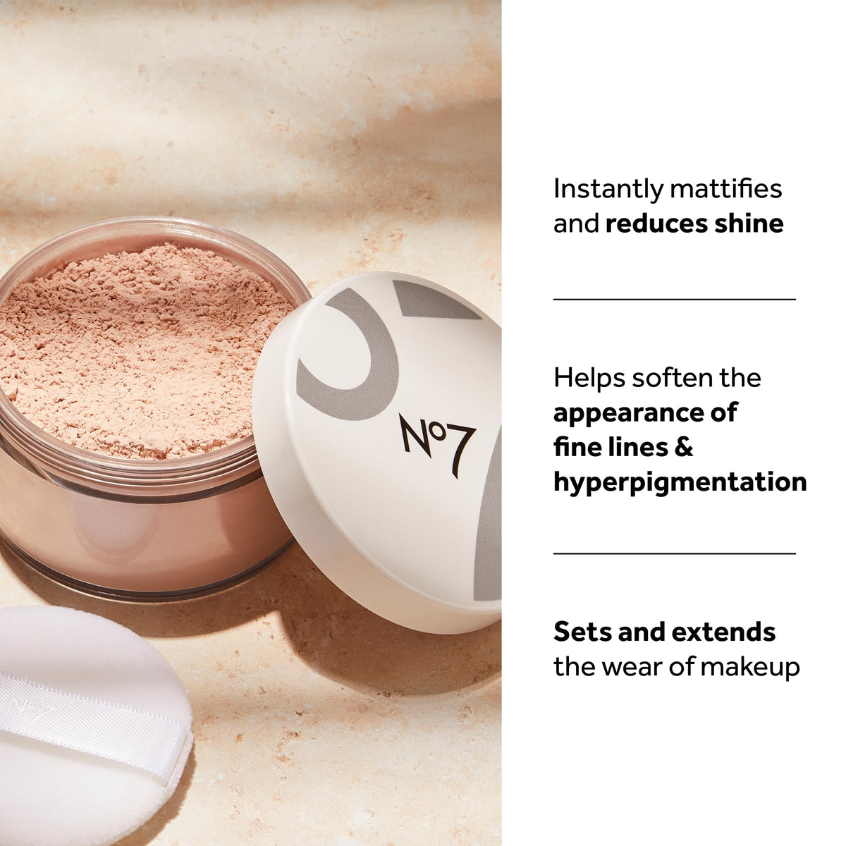 No7 compact opened to reveal sifter and spill-proof design benefit