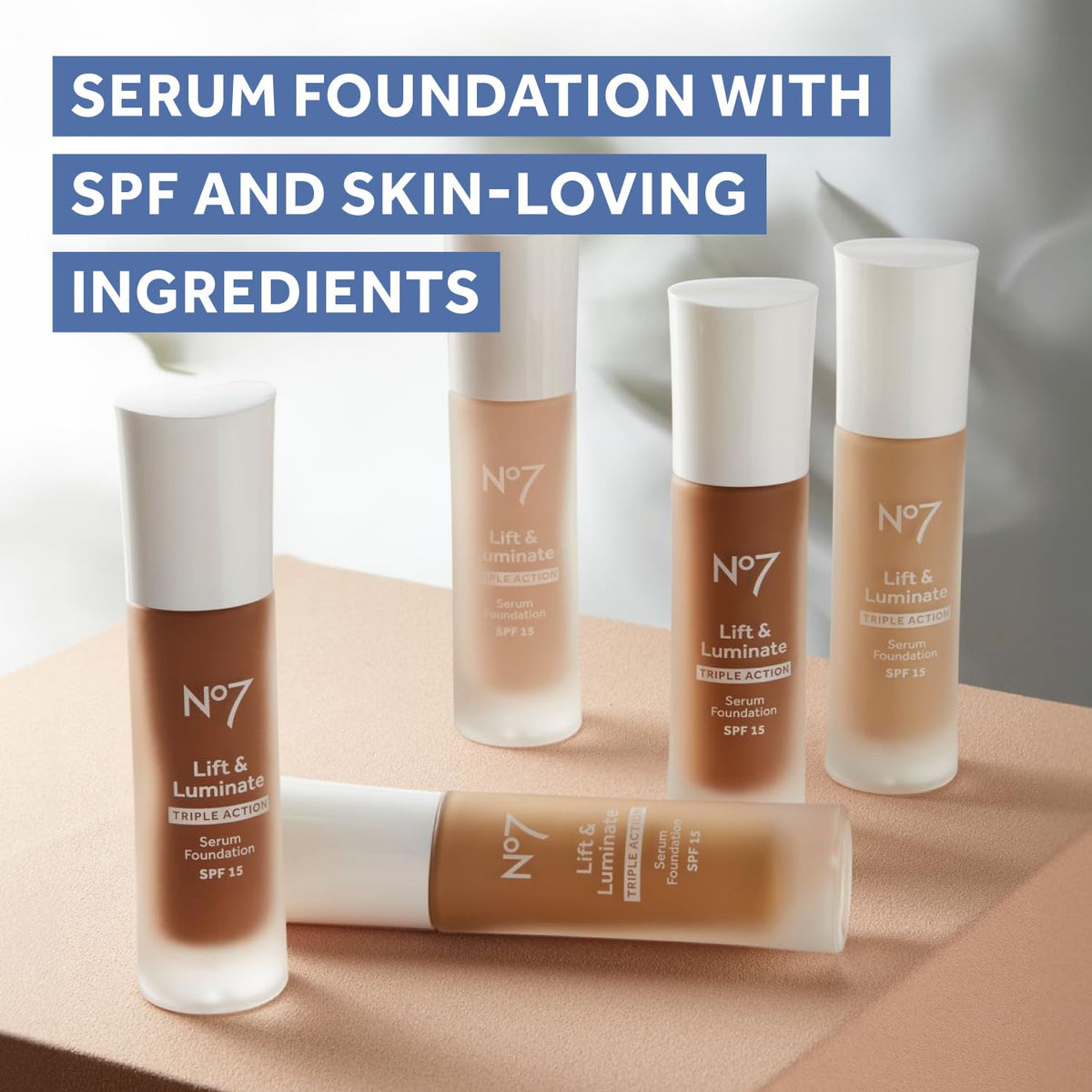 No7 foundation on bathroom vanity in lifestyle scene for radiant daily routine