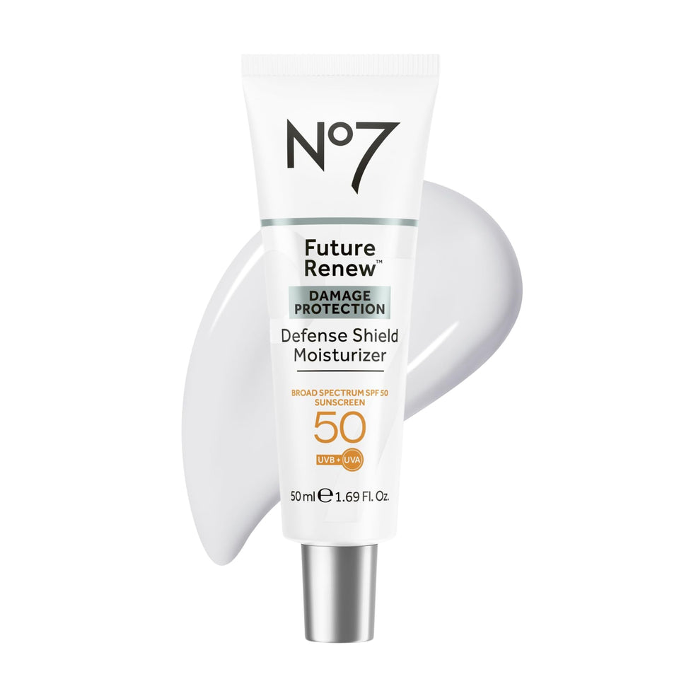 No7 front bottle view showing sleek packaging and SPF 50 protection benefit