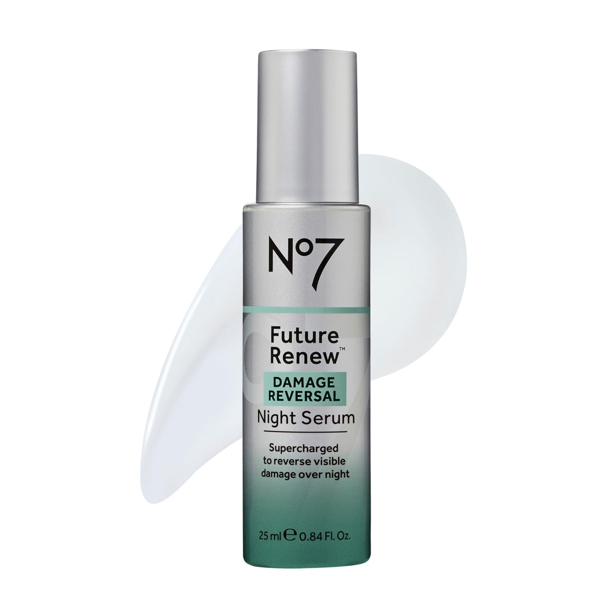 No7 bottle front view showing brand and elegant design benefiting nighttime repair