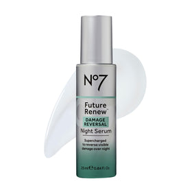 No7 bottle front view showing brand and elegant design benefiting nighttime repair