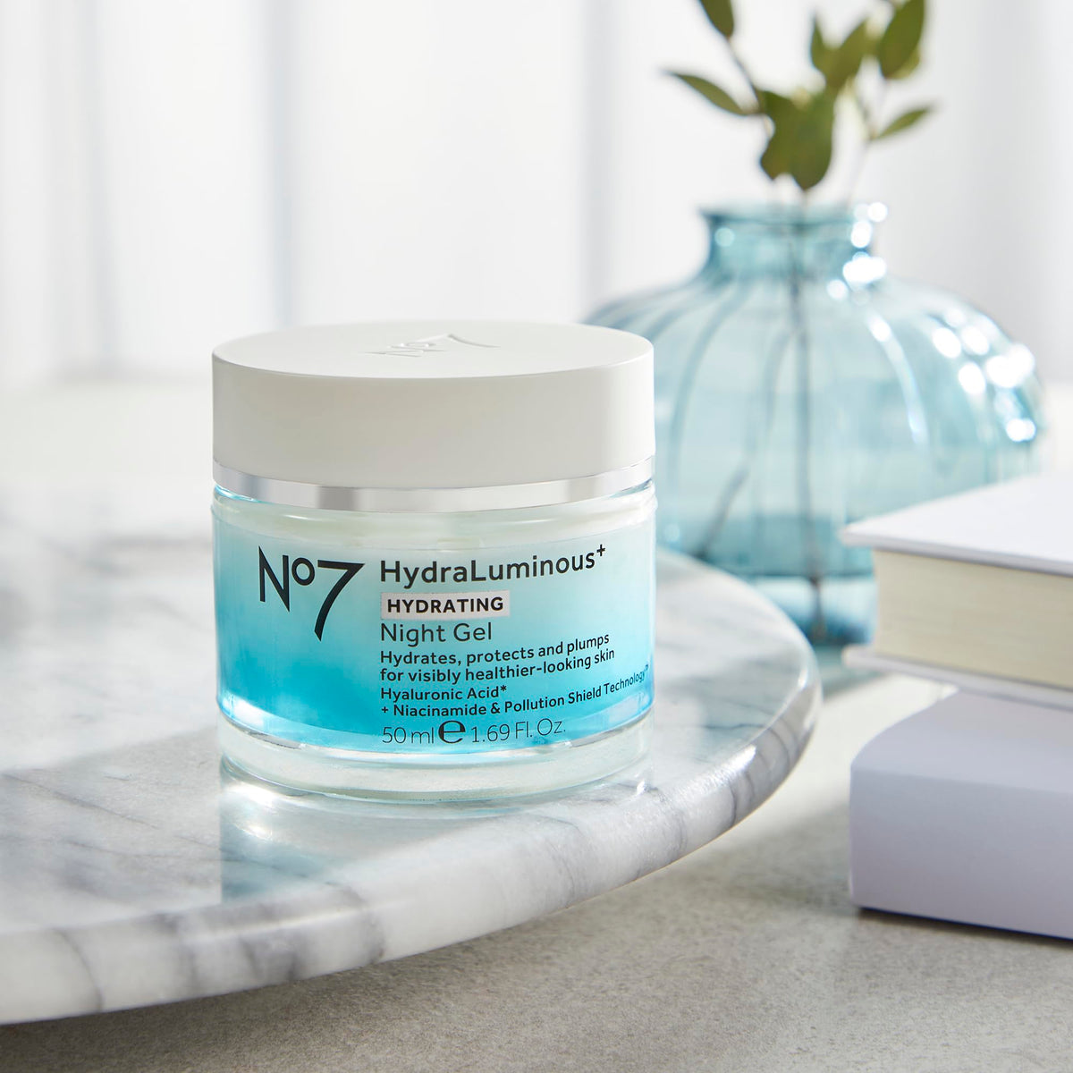 No7 jar on nightstand in bedroom setting suggesting restful nighttime use