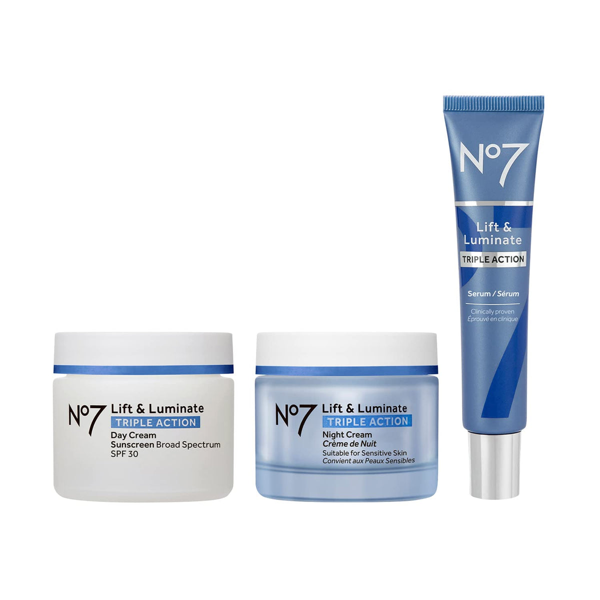 No7 lift & luminate front packaging showing kit contents and benefits