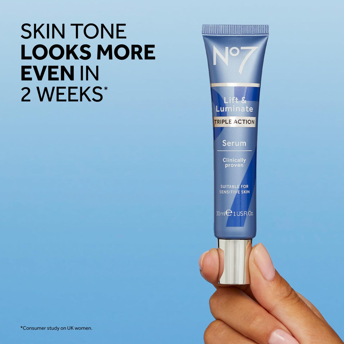 No7 serum droplet on fingertip showing lightweight texture and quick absorption